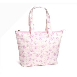 LoveShackFancy x Yoobi Pink Floral Quilted Tote Bag Gold Bow Zipper Rose Print